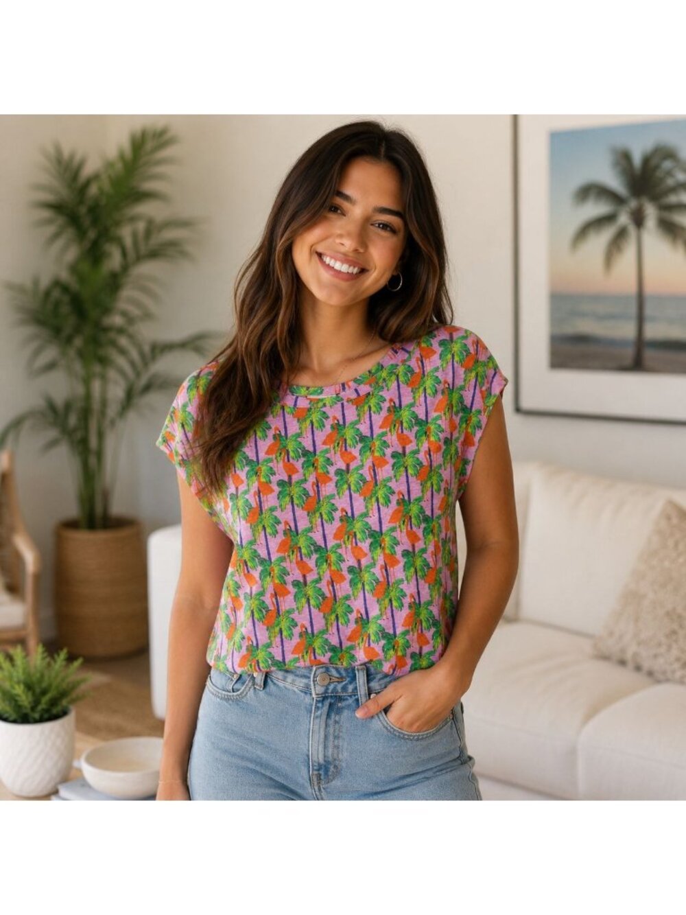 Bouffants & Broken Hearts MEDIUM flamingo-print pink boxy linen cropped shirt